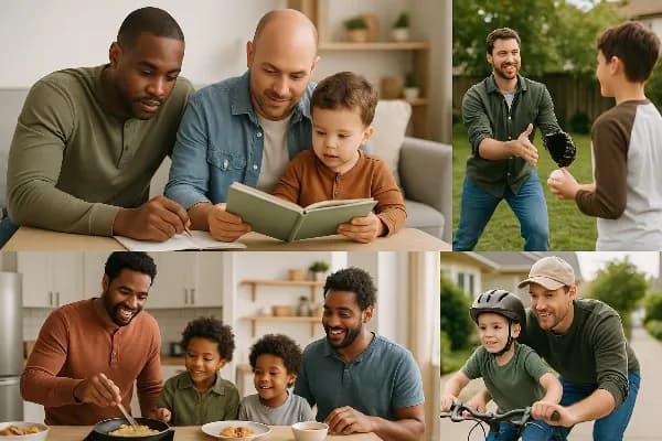 An image of a diverse group of fathers, each engaged in activities with their children. The scene includes a biological father helping his child with homework, an adoptive father reading a storybook to his toddler, a stepfather playing catch in the backya