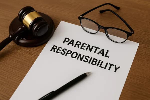 A gavel rests on a legal document titled "Parental Responsibility" alongside a pair of eyeglasses. The image symbolizes the shift in family law terminology from traditional terms like "custody" to more collaborative concepts such as "parental responsibili