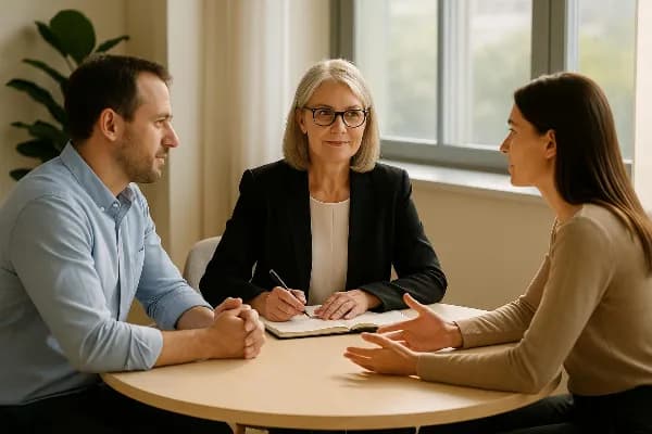 An image showing a peaceful, sunlit office setting where two individuals, a man and a woman, are seated across from each other at a round table. Both have relaxed postures and are engaged in conversation. A middle-aged woman, likely an attorney or mediato