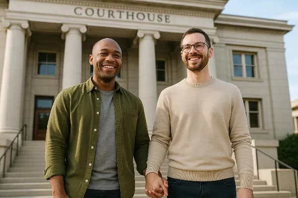 An image of a diverse same-sex couple standing together outside a courthouse in Oregon, holding hands and smiling. They are dressed in casual, everyday attire, symbolizing the informal process of registering a domestic partnership compared to traditional