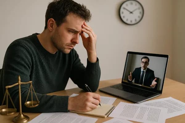 A concerned individual sits at a desk, surrounded by scattered legal documents and a laptop displaying a video call with an attorney. The person appears to be taking notes, highlighting the importance of clear communication and transparency in legal proce
