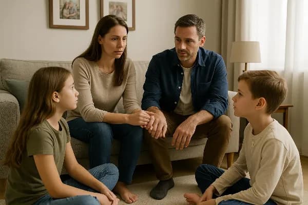An image of a family sitting together in their living room. Two parents are seated on a sofa, facing their two children who are sitting cross-legged on the floor. The parents appear calm and attentive, gently holding hands as they speak. The children look