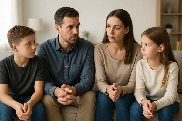 A family of four sits together in their living room, with both parents and two children, a boy and a girl. The parents are seated side by side on a couch, presenting a united front as they engage in an open conversation with their children. The boy appear