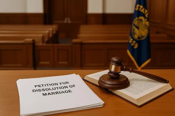An image of a courtroom with wooden benches and an Oregon state flag in the background. In the foreground, there is a stack of legal documents labeled "Petition for Dissolution of Marriage" alongside a gavel resting on an open law book. The scene conveys