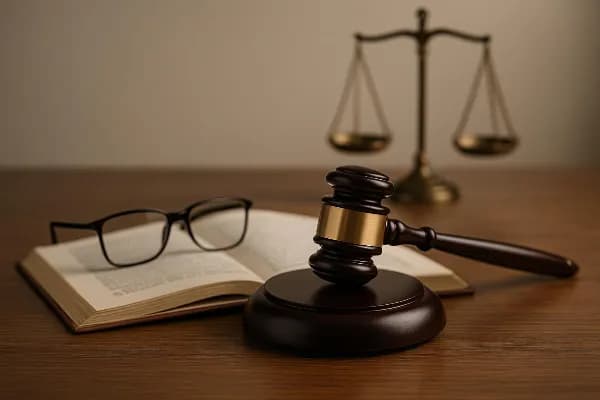 Image of a gavel resting on an open book with a pair of reading glasses placed nearby, symbolizing the intersection of law and personal matters. In the background, blurred scales of justice add context to the legal theme. The gavel represents judicial dec