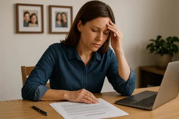 An image depicting a thoughtful parent sitting at a table, surrounded by legal documents and a laptop, symbolizing the process of modifying child custody, visitation, or support orders in Oregon. The parent's expression conveys contemplation and determina