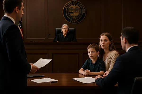 An image depicting a solemn courtroom scene in Oregon, where a judge is presiding over a child restraining order case. The setting includes the judge seated at the bench, with legal professionals and concerned family members present. The atmosphere is ser