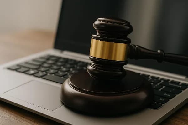 An image of a gavel resting on a laptop keyboard, symbolizing the intersection of law and digital technology. The background is blurred to focus on the gavel, representing legal authority, while the laptop signifies online activity's role in modern divorc