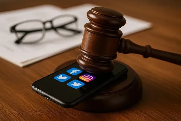 An image of a gavel resting on top of a smartphone displaying various social media app icons, including Facebook, Instagram, and Twitter. The background features blurred legal documents and a pair of eyeglasses, symbolizing the intersection of social medi