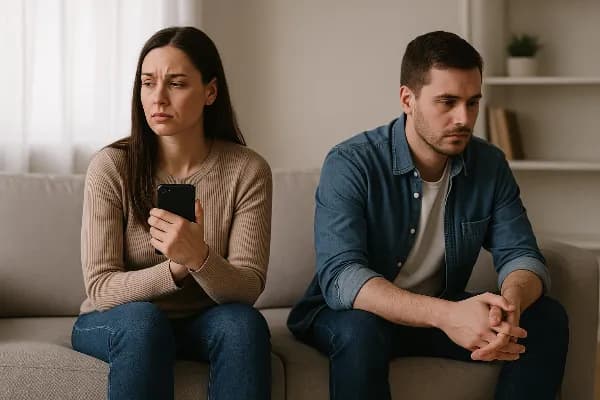 A solemn image of a couple sitting on opposite ends of a couch, both looking away from each other. The woman is holding her phone tightly with a pained expression, while the man stares blankly at the floor, reflecting the emotional distance and tension of