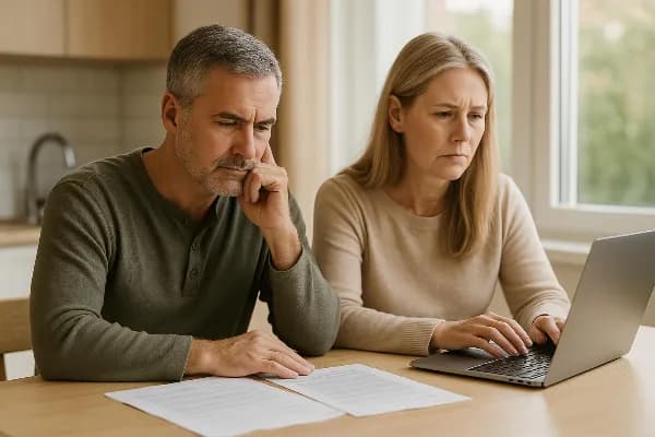 An image of a thoughtful middle-aged couple sitting at a kitchen table, surrounded by paperwork and a laptop. The man is holding his chin while looking at the documents in front of him, and the woman appears to be reading information on the laptop screen.