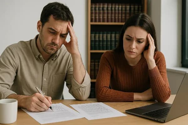 A couple sits at a table covered with legal documents in a brightly lit office. Both appear deep in thought, with one holding a pen poised over a paper, suggesting the decision-making process during divorce proceedings. On the table are visible items like