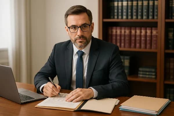 A professional Oregon divorce lawyer sitting at a polished wooden desk, attentively listening and taking notes during a client meeting. The lawyer is wearing a smart suit, conveying professionalism and expertise. On the desk are organized files and legal