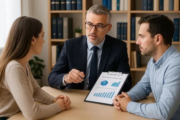 Image of a professional meeting in an office setting, featuring a financial specialist explaining a financial document to a couple. The specialist, a middle-aged person wearing glasses and business attire, gestures towards charts and graphs on the documen