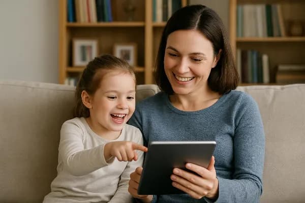 An image of a mother and child sitting together on a couch, both smiling as they look at a tablet screen. The mother is holding the tablet while the child points excitedly at something on the display. In the background, there is a bookshelf filled with bo