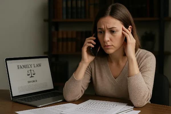 A concerned individual sits at a desk cluttered with legal documents, holding a phone to their ear. Their expression is one of contemplation and concern, suggesting they are in the midst of an important conversation about their legal representation. A lap