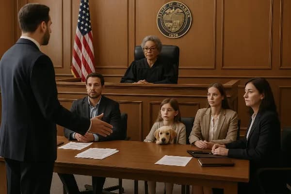 An image depicting a family court setting in Oregon, where a judge is seated at the bench, presiding over a case involving child custody and pet ownership during divorce proceedings. The courtroom atmosphere is formal, with an attorney presenting argument