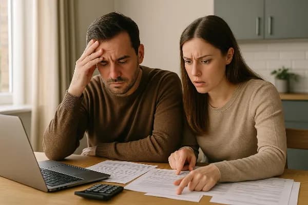 An image of a concerned couple sitting at a kitchen table, surrounded by paperwork and a laptop. The man is holding his head in his hand, looking stressed, while the woman is pointing at a document with an anxious expression. Sunlight streams through the
