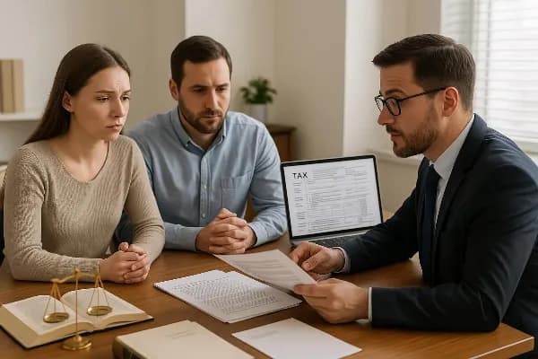 An image of a legal office setting with two parents sitting across from a lawyer at a wooden desk. The lawyer is holding a document and pointing to specific sections while discussing it with the parents, who are attentively listening. On the desk, there a