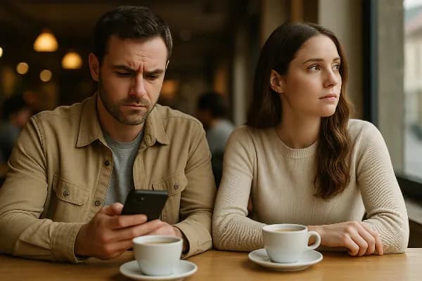 A thoughtful image showing a couple sitting at a café table, each with a cup of coffee in hand. The man is looking down at his phone with a concerned expression, while the woman gazes out the window, appearing contemplative. The background shows soft ligh