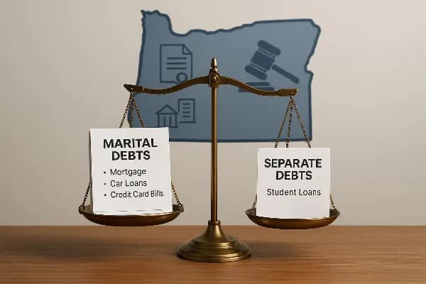 An image depicting a balanced scale symbolizes the concept of equitable debt division in Oregon divorce proceedings. On one side of the scale, a stack of papers labeled "Marital Debts" includes items like mortgage, car loans, and credit card bills. The ot