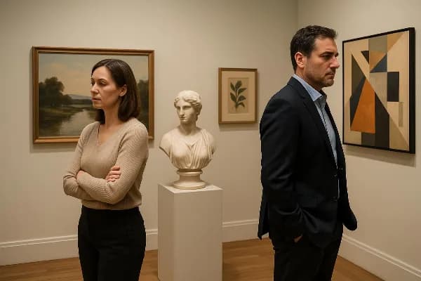 A photograph depicting a couple in a sophisticated art gallery, symbolizing the division of art and collectibles during divorce proceedings. The couple stands apart, each looking thoughtfully at different pieces of artwork on display. The gallery features