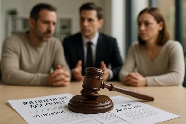 An image of a gavel resting on top of a stack of retirement account statements and legal documents. The gavel symbolizes the legal process involved in dividing assets during an Oregon divorce, while the documents represent various forms of retirement acco