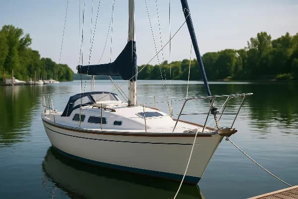 An image of a sailboat docked at a serene marina, surrounded by calm waters and lush greenery. The boat, painted in a classic white with blue trim, symbolizes the complexities of asset division in an Oregon divorce case. The clear sky and tranquil setting