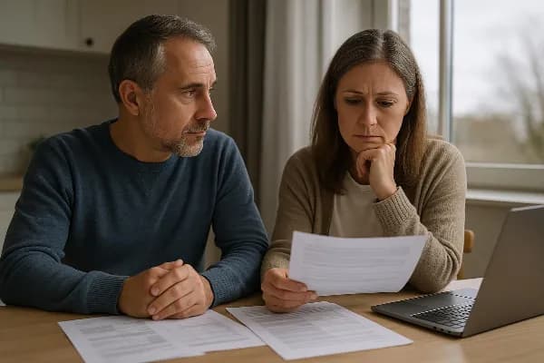 An image of a thoughtful middle-aged couple sitting at a kitchen table, surrounded by paperwork and a laptop. The man is looking at the woman, who is holding her chin in contemplation while gazing at documents spread out before them. A window in the backg