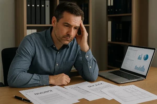 An image depicting a business owner sitting at a desk cluttered with legal documents and financial statements, looking contemplative. The background shows an office setting with shelves filled with binders and books. A laptop is open displaying graphs and