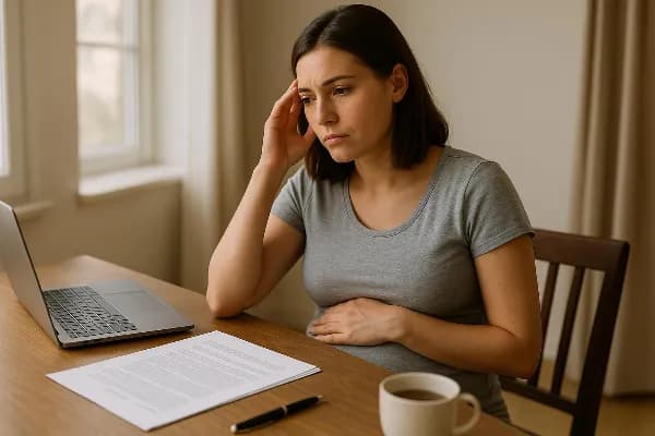Image of a pregnant woman sitting at a table, looking contemplative with legal documents and a laptop in front of her. The setting suggests she is reviewing information related to divorce proceedings. Sunlight filters through a nearby window, casting soft
