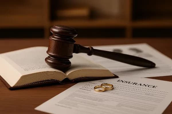 An image of a gavel resting on top of an open legal book, symbolizing the intersection of law and personal matters such as divorce. The background features a subtle overlay of a couple's wedding rings placed beside scattered insurance documents, represent