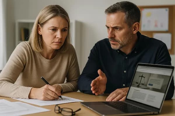 An image of a thoughtful middle-aged couple sitting at a table, surrounded by legal documents and a laptop. They appear to be in serious discussion, possibly about divorce proceedings and child custody matters. The woman is holding a pen, poised to take n