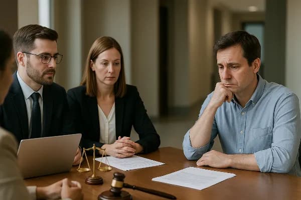 A concerned individual sitting at a table cluttered with legal documents and a laptop, appearing deep in thought. The person is holding their head in one hand while using the other to scroll through information on the laptop screen. A cup of coffee sits n