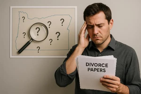 An illustration of a frustrated individual holding a stack of legal documents, symbolizing the challenge of serving divorce papers to an unlocatable spouse in Oregon. The background features a map with question marks scattered across it, representing the