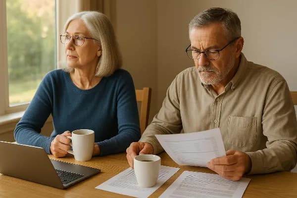 An older couple sitting at a kitchen table, each holding a cup of coffee. The woman is looking thoughtfully out the window while the man is reviewing a stack of documents, including financial statements and legal papers. A laptop is open on the table disp