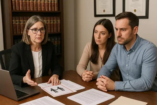 An image showing a family law attorney in an office setting, sitting at a desk cluttered with legal documents and a laptop. The attorney, a middle-aged woman wearing glasses and professional attire, is focused on explaining holiday parenting plans to a co