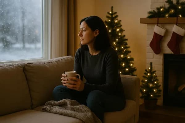 A thoughtful image depicting a person sitting alone on a couch in a softly lit, warmly decorated living room during the holiday season. The room features subtle holiday decorations, such as a small Christmas tree with twinkling lights and stockings hung b
