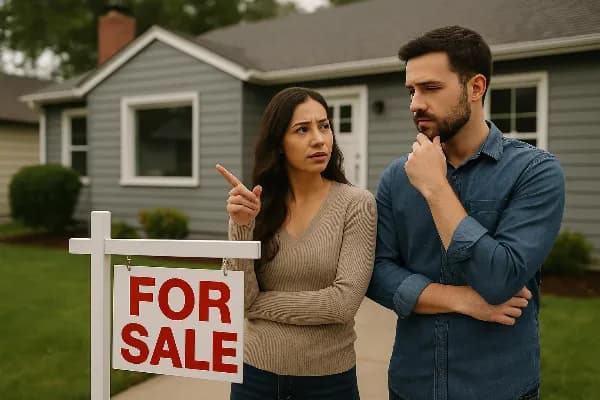 An image of a young couple standing in front of a house with a "For Sale" sign, discussing and pointing at the property. They appear thoughtful and engaged in conversation, possibly weighing the pros and cons of purchasing the home together. The house is