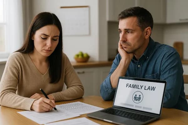 A concerned couple sitting at a kitchen table with legal documents spread out in front of them. The woman is holding a pen, appearing focused on the paperwork, while the man looks thoughtfully at her. A laptop displaying a family law website is open next