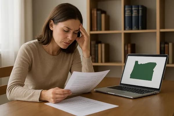 An image of a thoughtful parent sitting at a table, reviewing legal documents related to parenting plan modifications. The setting is a well-lit room with law books visible on a nearby shelf, symbolizing the legal aspects of the process. A laptop displayi