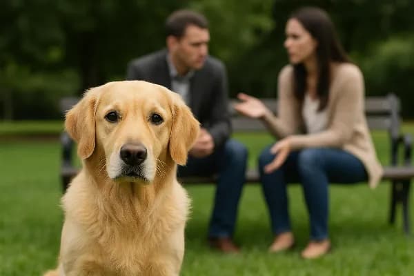 A close-up photograph of a golden retriever with soulful eyes, sitting on a lush green lawn. The dog's expression is gentle and attentive, symbolizing the emotional bond pets often share with their owners. In the background, blurred out of focus, are two