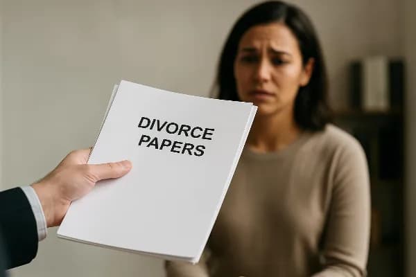A close-up image of a hand holding a stack of legal documents labeled "Divorce Papers." In the background, there is a blurred image of a person receiving the documents, symbolizing the process of serving divorce papers. The scene conveys the seriousness a