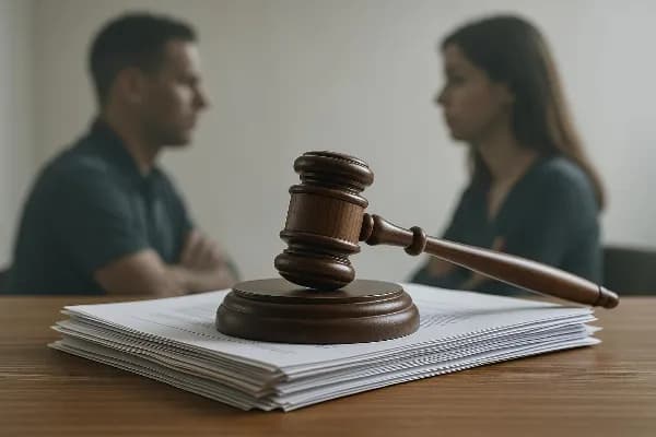 An image of a gavel resting on top of a stack of legal documents, symbolizing the judicial process involved in property division during Oregon divorces. The background includes subtle outlines of a couple's silhouette, representing the individuals affecte