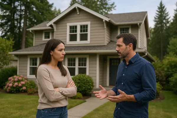 An image of a couple standing in front of a charming, two-story family home in Oregon. The house features a freshly painted exterior with neutral tones and well-maintained landscaping, including vibrant flowers and neatly trimmed bushes. The couple appear