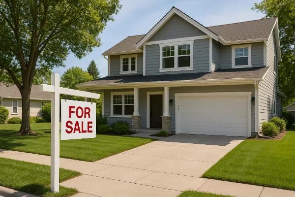 An image of a picturesque suburban home with a "For Sale" sign prominently displayed in the front yard. The house is two-story, featuring a well-maintained lawn and a tree-lined street, symbolizing the typical marital home often discussed in divorce settl
