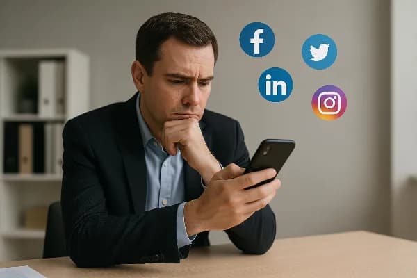 An image depicting a person sitting at a desk, looking intently at a smartphone. The background shows icons of popular social media platforms like Facebook, Instagram, LinkedIn, and Twitter floating around the screen. The individual appears thoughtful and
