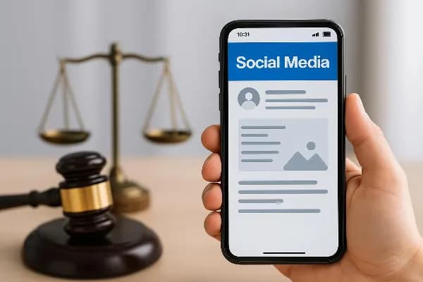A smartphone displaying a social media app with a judge's gavel and scales of justice in the background, symbolizing the intersection of social media use and legal proceedings during divorce.