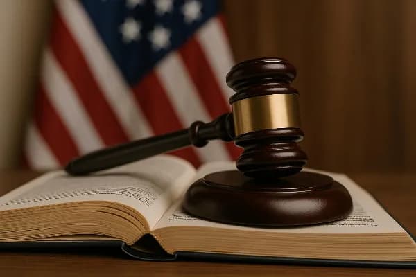 Image of a gavel resting on top of an open law book, symbolizing the legal processes involved in navigating spousal support payments under Oregon law post-TCJA. The background shows a blurred American flag, representing the federal changes brought by the