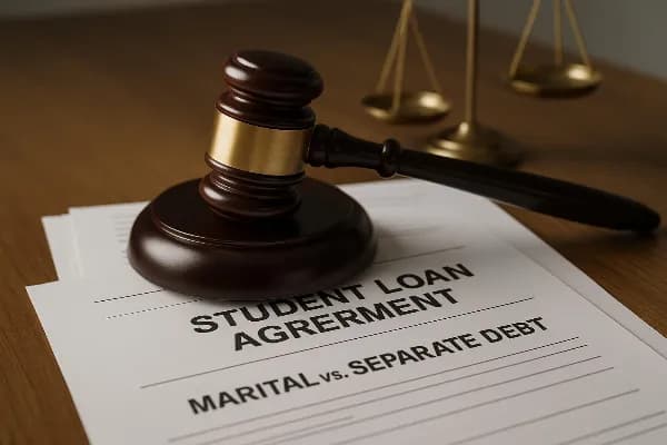 An image of a gavel resting on top of a stack of student loan documents, symbolizing the intersection of legal proceedings and financial obligations. The documents are labeled with terms like "Student Loan Agreement" and "Marital vs. Separate Debt," highl